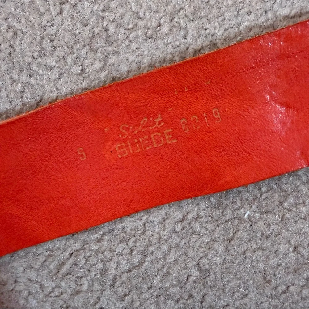 Vintage 1960 70 Boho Exotic Brass buckle Embossed red Leather wide festival Belt